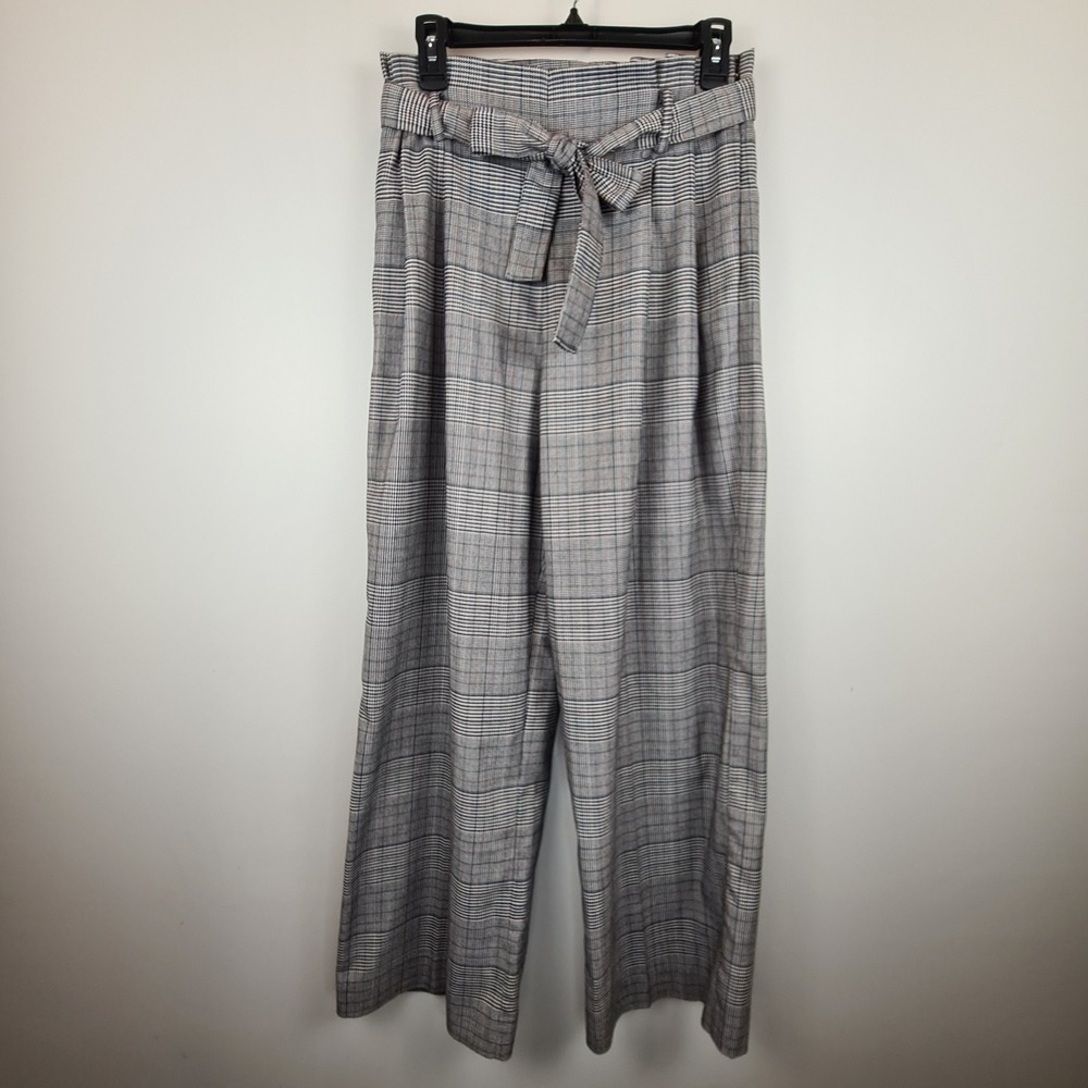 Laundry by Shelli Segal Glen Plaid Wide Leg Trousers 6 High Rise Tie Waist Gray